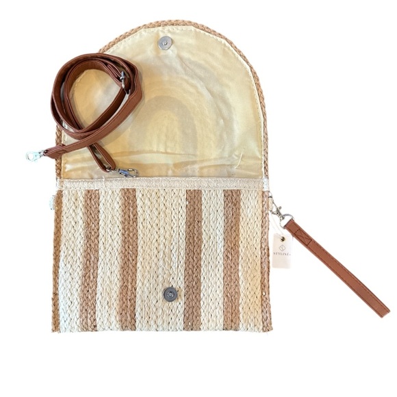 Cream & Tan Two Tone Straw & Sequin Clutch Wristlet or Crossbody Bag NWT - Picture 7 of 13